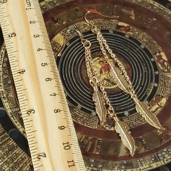 Gold Plated Double Feather Leaf Leaf Chain Drop Earrings - Picture 4 of 4